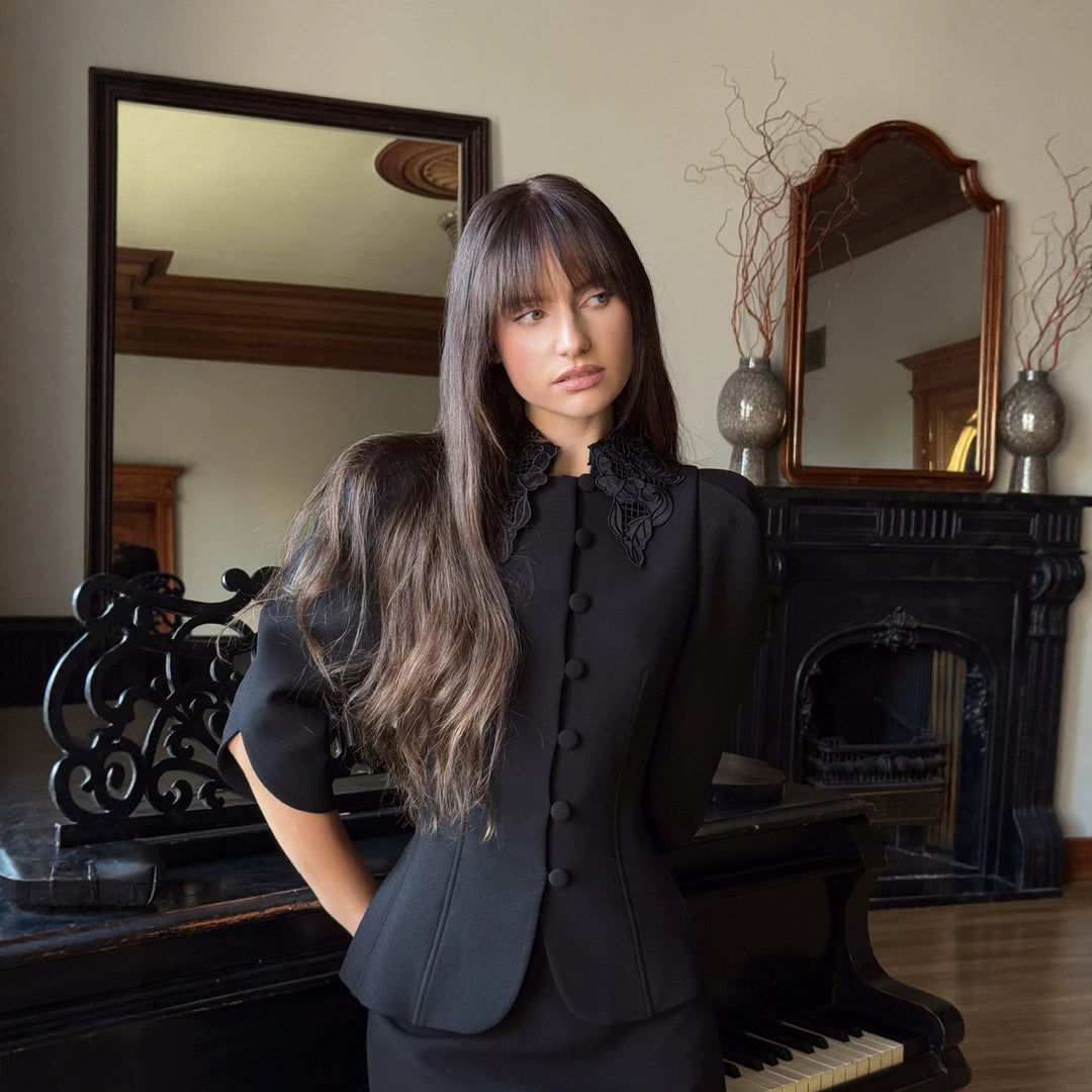 Women Tailored Blazer with Embroidered Shawl Collar and Puff Sleeves Mune Fashion