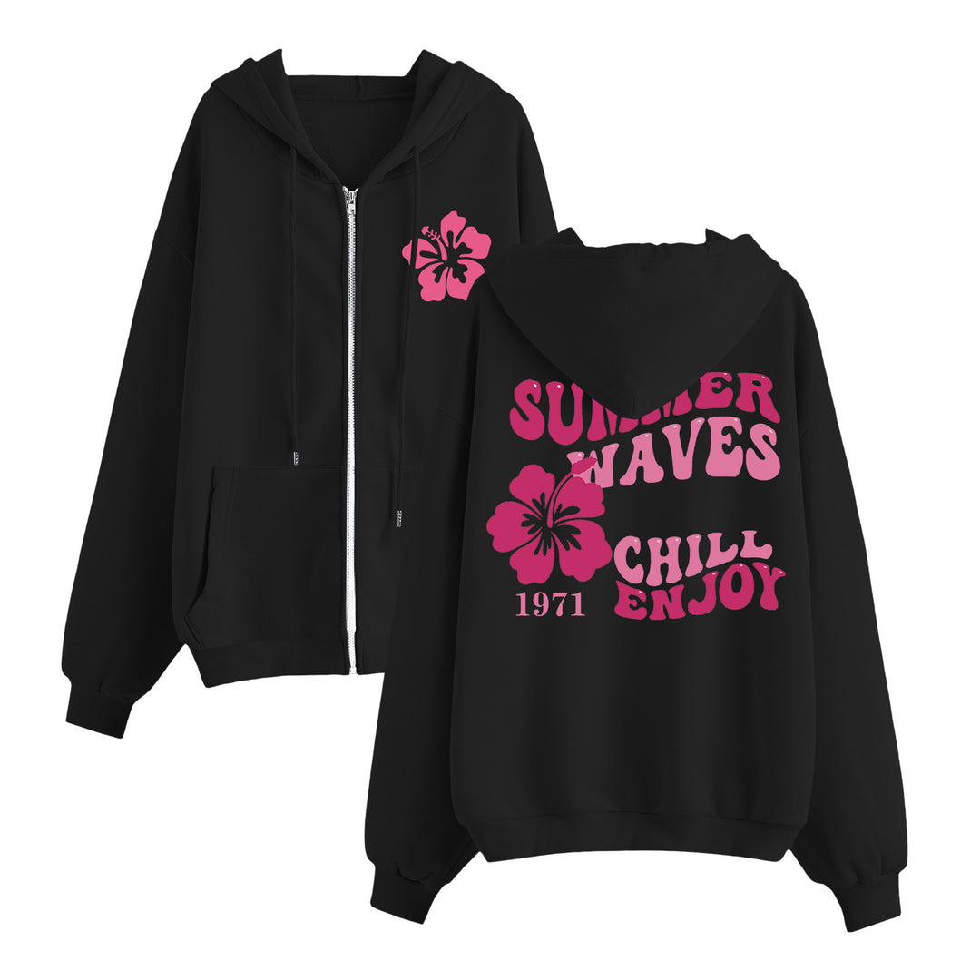 Women's relaxed zip hoodie with tropical hibiscus print, kangaroo pockets, and ribbed cuffs Mune Fashion