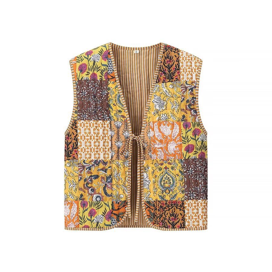 Women Padded Quilted Vest with Floral Allover Look and Tie Band Mune Fashion