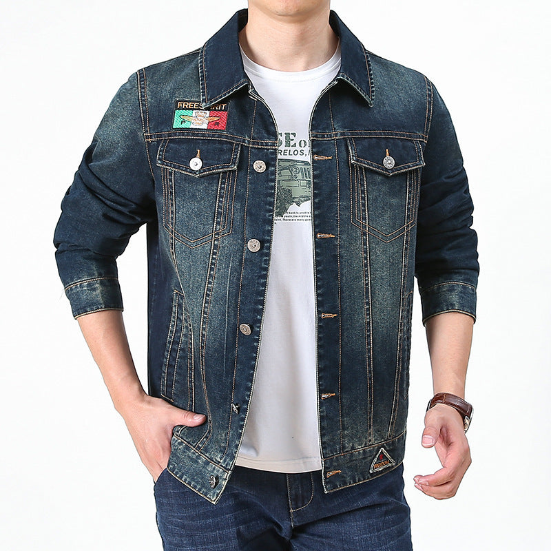 Men's jeans jacket in vintage look with patches and printed lining Mune Fashion