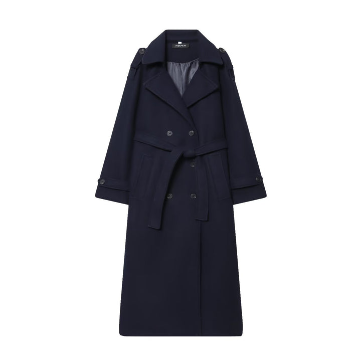 Women Long Double-breasted Trench Coat with Belt and Shoulder Straps Mune Fashion