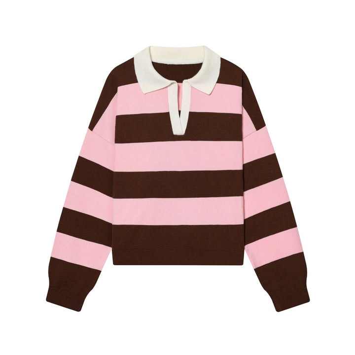 Women’s striped rugby pullover with polo collar and deep V-slit Mune Fashion