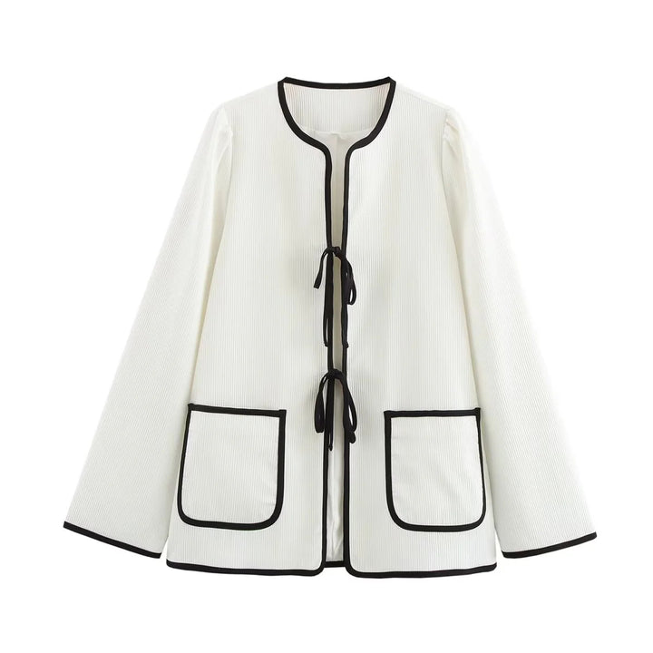 Women nan light boxy jacket with contrast piping, ties and patch pockets Mune Fashion