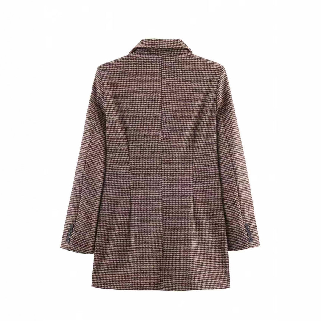 Women's Double-Breasted Houndstooth Blazer with Oversized Cut and Lapel Collar Mune Fashion