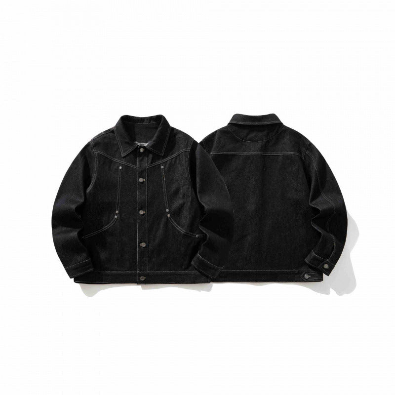 Men's short-cut denim worker jacket with boxy silhouette, contrast seams, and round pockets Mune Fashion