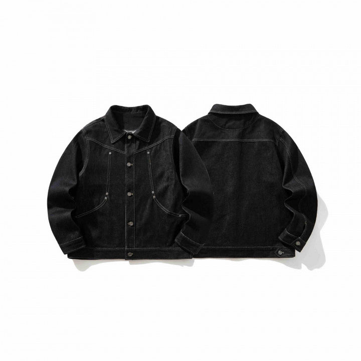 Men's short-cut denim worker jacket with boxy silhouette, contrast seams, and round pockets Mune Fashion