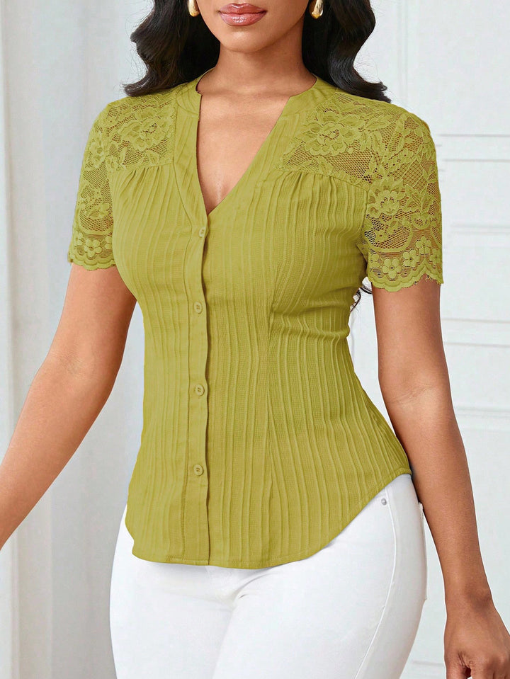 Women's Fitted Short Sleeve Blouse with Lace Sleeves and Button Placket Mune Fashion