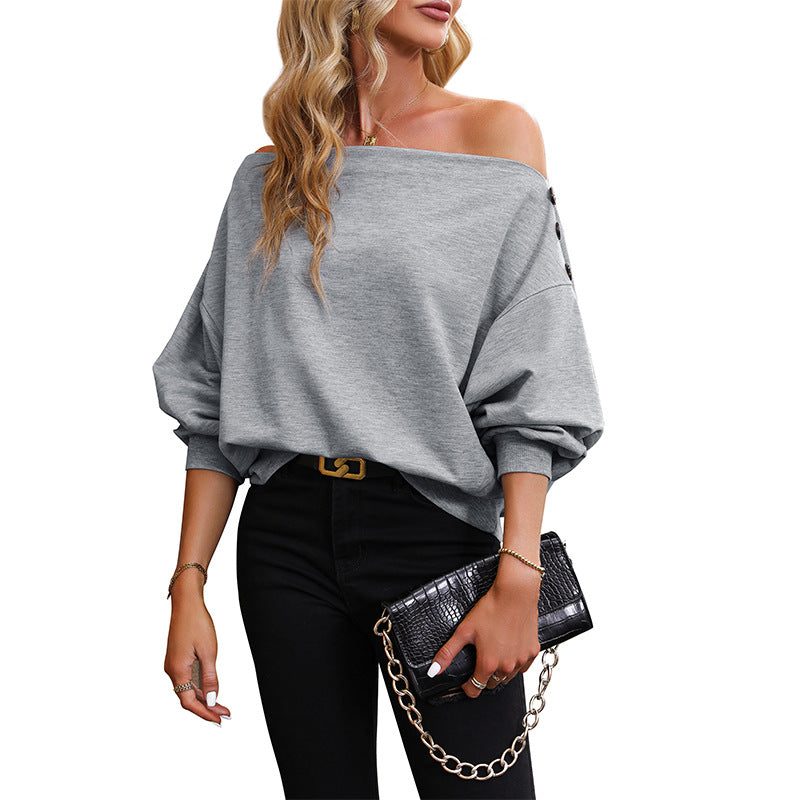 Women's Oversize Off-Shoulder Sweatshirt with Decorative Button Placket and Balloon Sleeves Mune Fashion