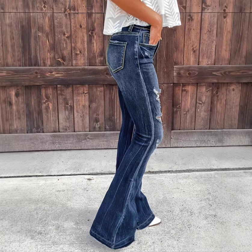 Women's High-Waisted Flared Jeans in Retro Flare with Large Rip Applications and Shaping Fit Mune Fashion
