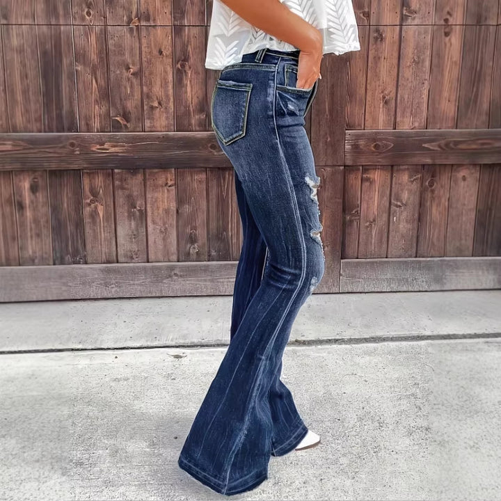 Women's High-Waisted Flared Jeans in Retro Flare with Large Rip Applications and Shaping Fit Mune Fashion