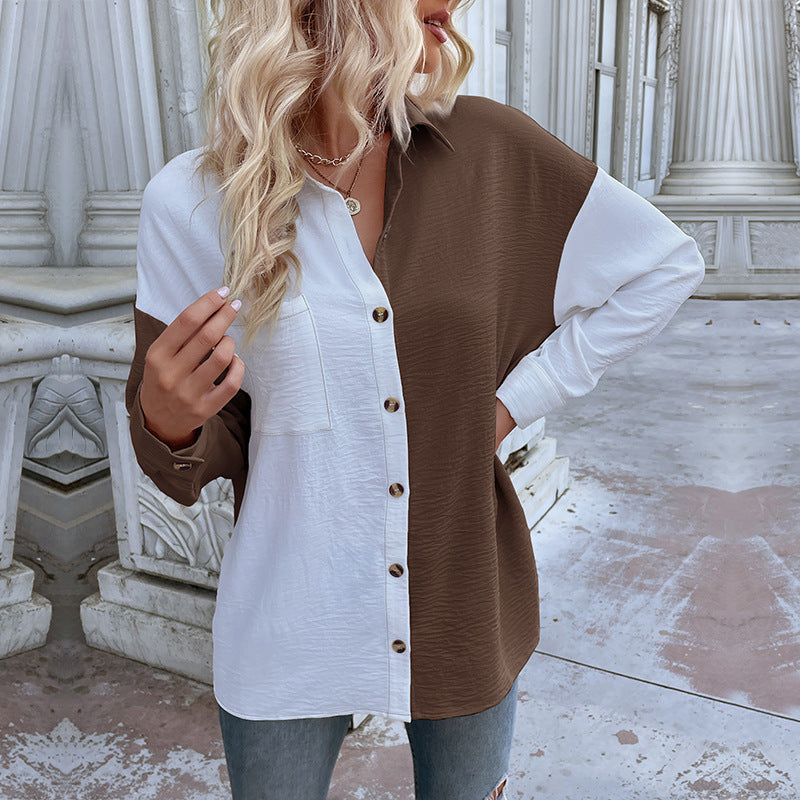Women's oversized shirt blouse with color blocking, chest pocket, and textured viscose blend Mune Fashion