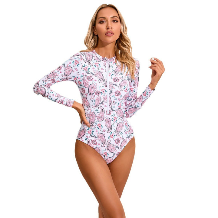 Women's High Neck One-Piece Swimsuit with Zip and Floral Pattern Mune Fashion