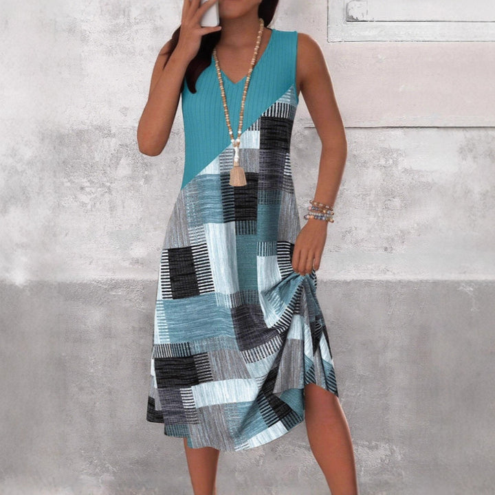 Ladies' sleeveless V-neck midi dress with diagonal patchwork pattern and ribbed top Mune Fashion
