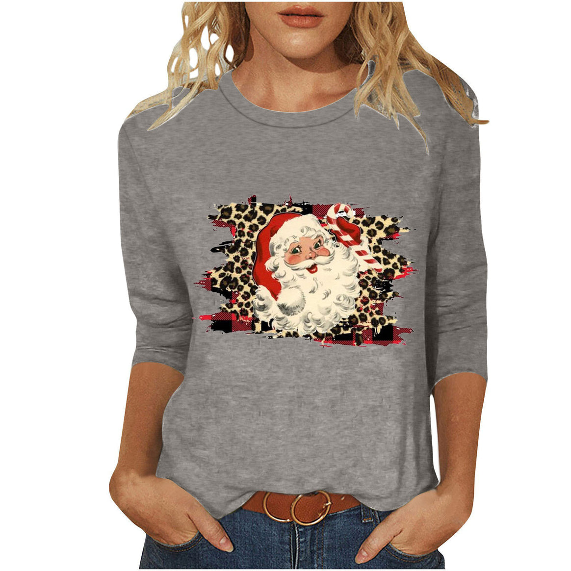 Women's casual sweatshirt with retro Santa print, leopard and check pattern, and three-quarter sleeves Mune Fashion