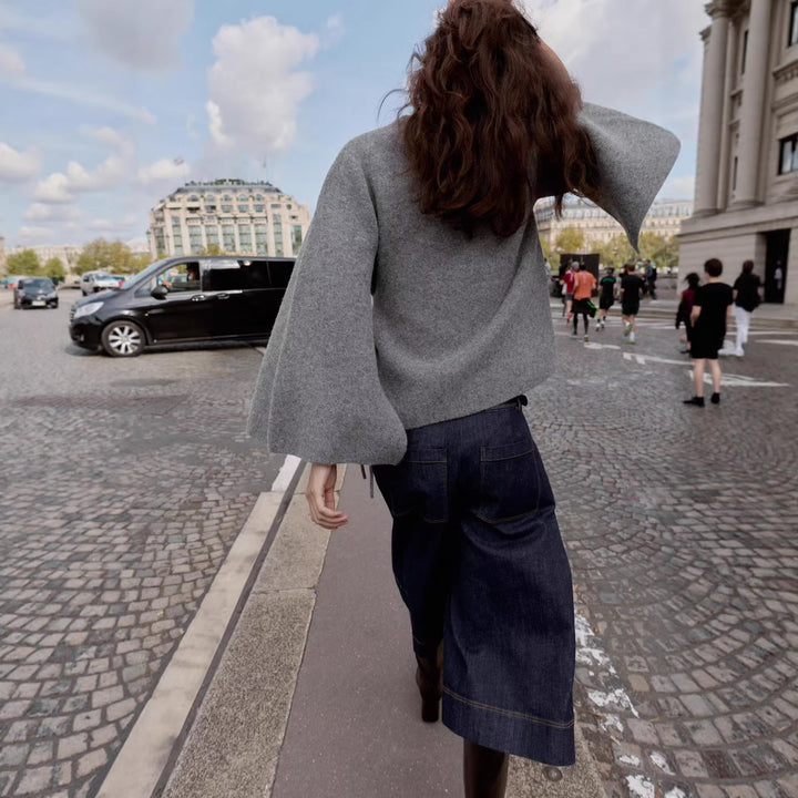Women's Short Wool Blend Cape with Round Neck, Drawstring Waist and Bell Sleeves Mune Fashion