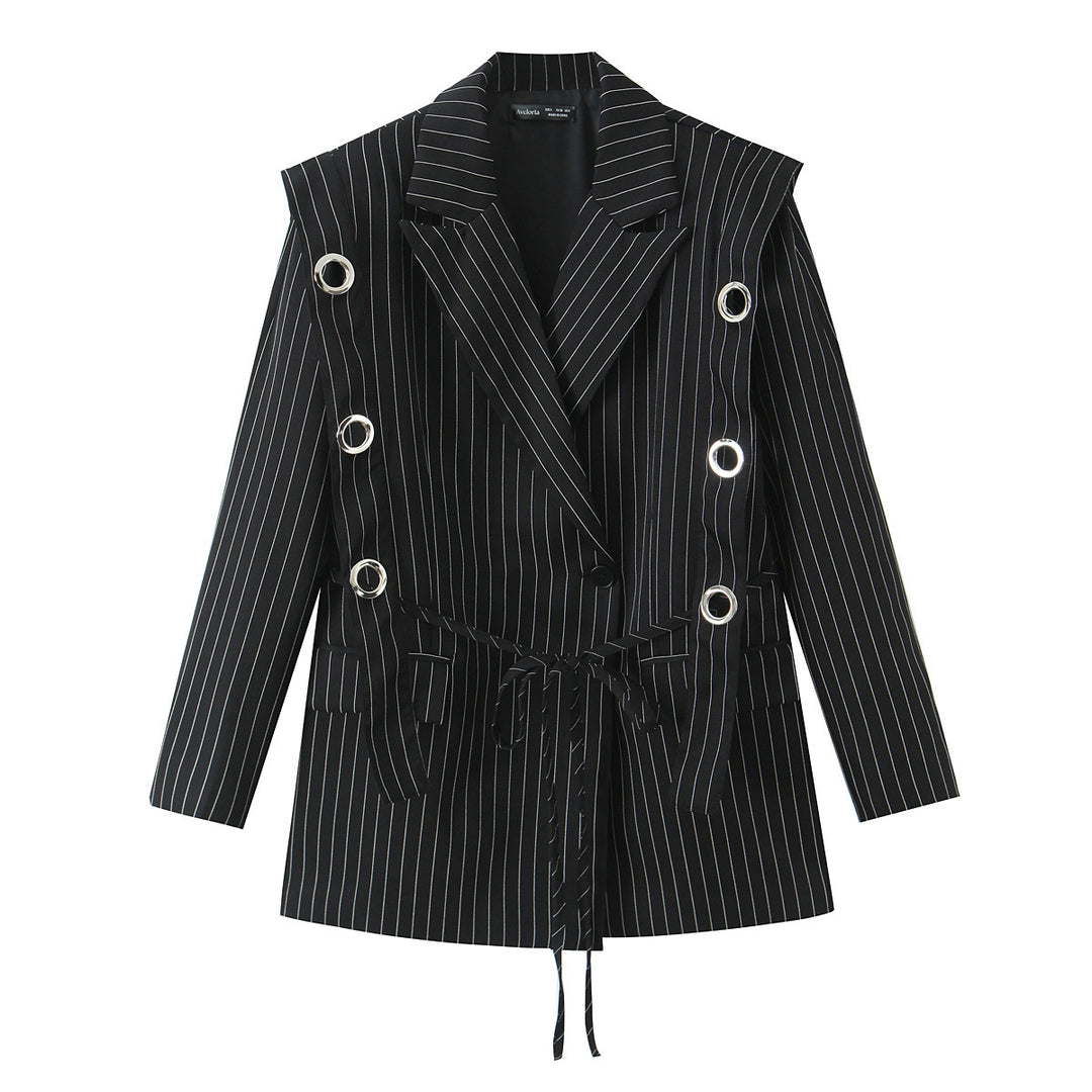 Women's fitted pinstriped blazer with decorative eyelets and drawstring Mune Fashion