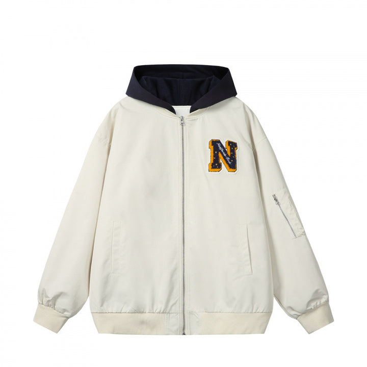 Men's college bomber jacket in oversized style with hood insert and logo patch Mune Fashion