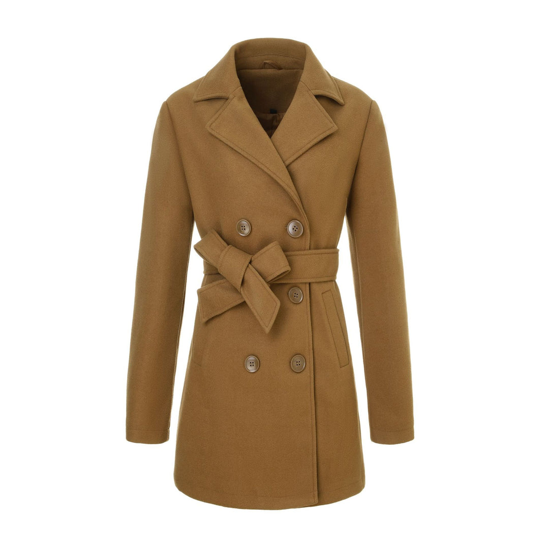 Women's tailored double-breasted wool coat with tie belt and lapel collar Mune Fashion