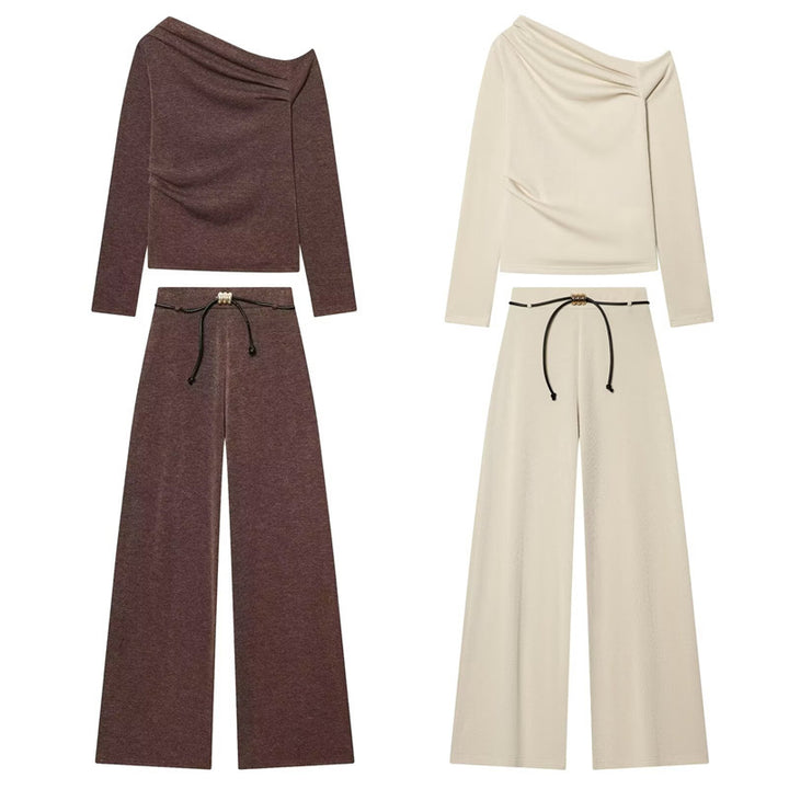 Women Asymmetric Fine Knit Top with Waterfall Collar and Side Gathering Mune Fashion