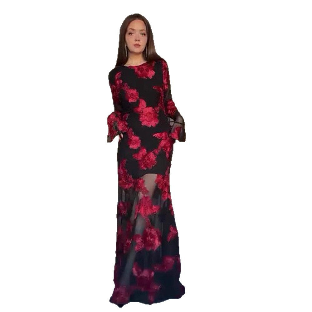 Women’s maxi dress with transparent mesh and floral embroidery Mune Fashion