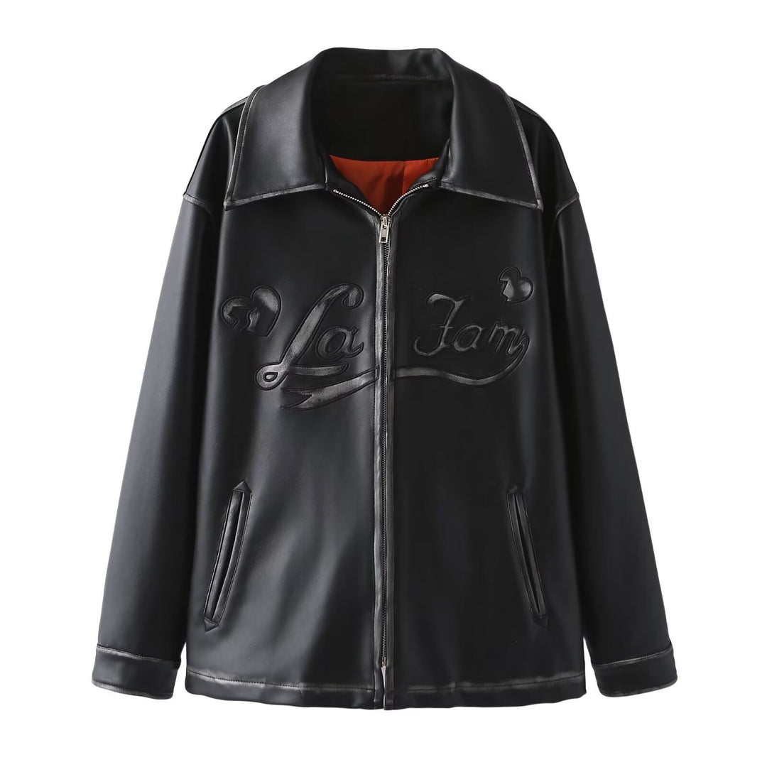 Women's oversized faux leather jacket with shawl collar and embossed logo embroidery Mune Fashion