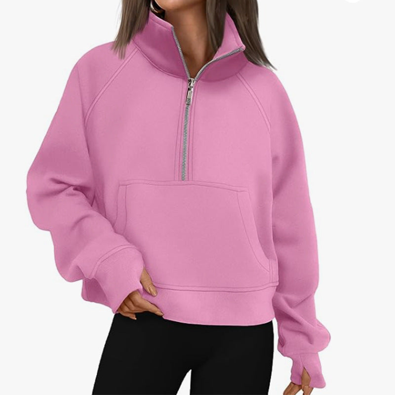 Women's short half-zip sweater with high stand collar, kangaroo pocket, and extended thumbholes Mune Fashion
