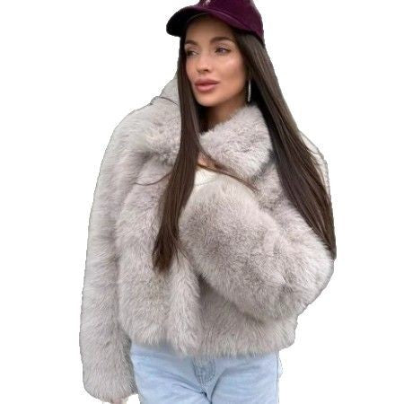Women's Short-Cut Faux Fur Blouson with Voluminous Shawl Collar and Dense Pile Mune Fashion