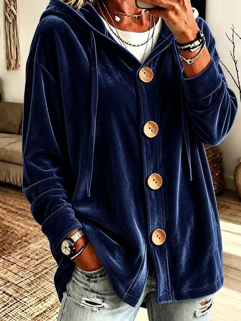 Women's Oversize Hooded Velvet Jacket with Large Wooden Buttons and Soft Velour Lining Mune Fashion