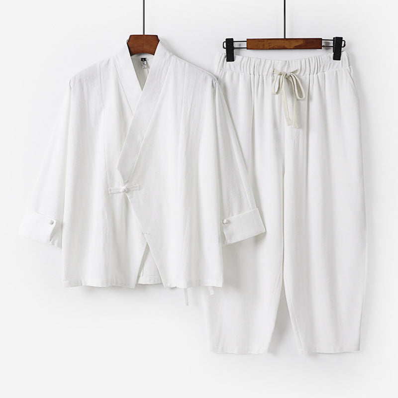 Men's Breathable Linen-Cotton Lounge Set with Asymmetrical V-Neck and Elastic Cord Pants Mune Fashion
