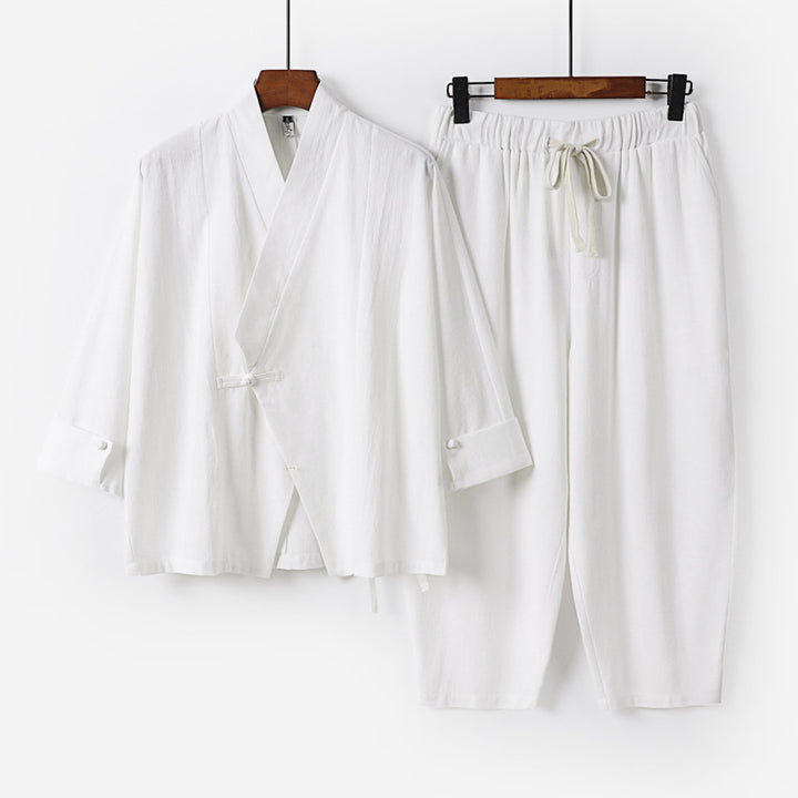 Men's Breathable Linen-Cotton Lounge Set with Asymmetrical V-Neck and Elastic Cord Pants Mune Fashion