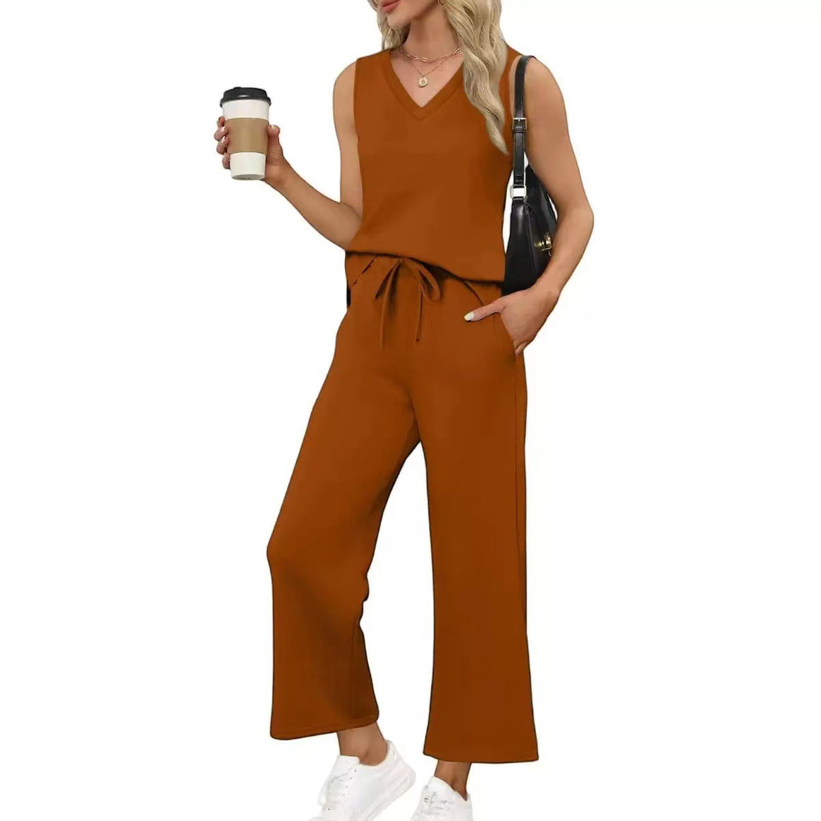 Women Casual Two-Piece Lounge Set with Sleeveless V-Neck Top and Wide Drawstring Pants Mune Fashion
