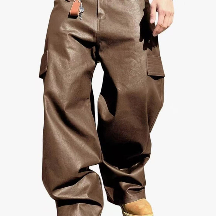 Men's Wide Cut Cargo Pants in Leather Look with Flap Pockets Mune Fashion
