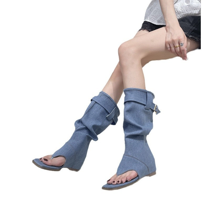 Women's knee-high jeans look boots with thong open toe and adjustable buckle strap Mune Fashion