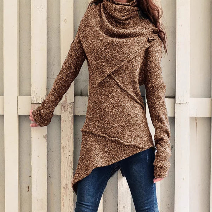 Women's Asymmetrical Boucle Knit Sweater with Large Shawl Collar Mune Fashion