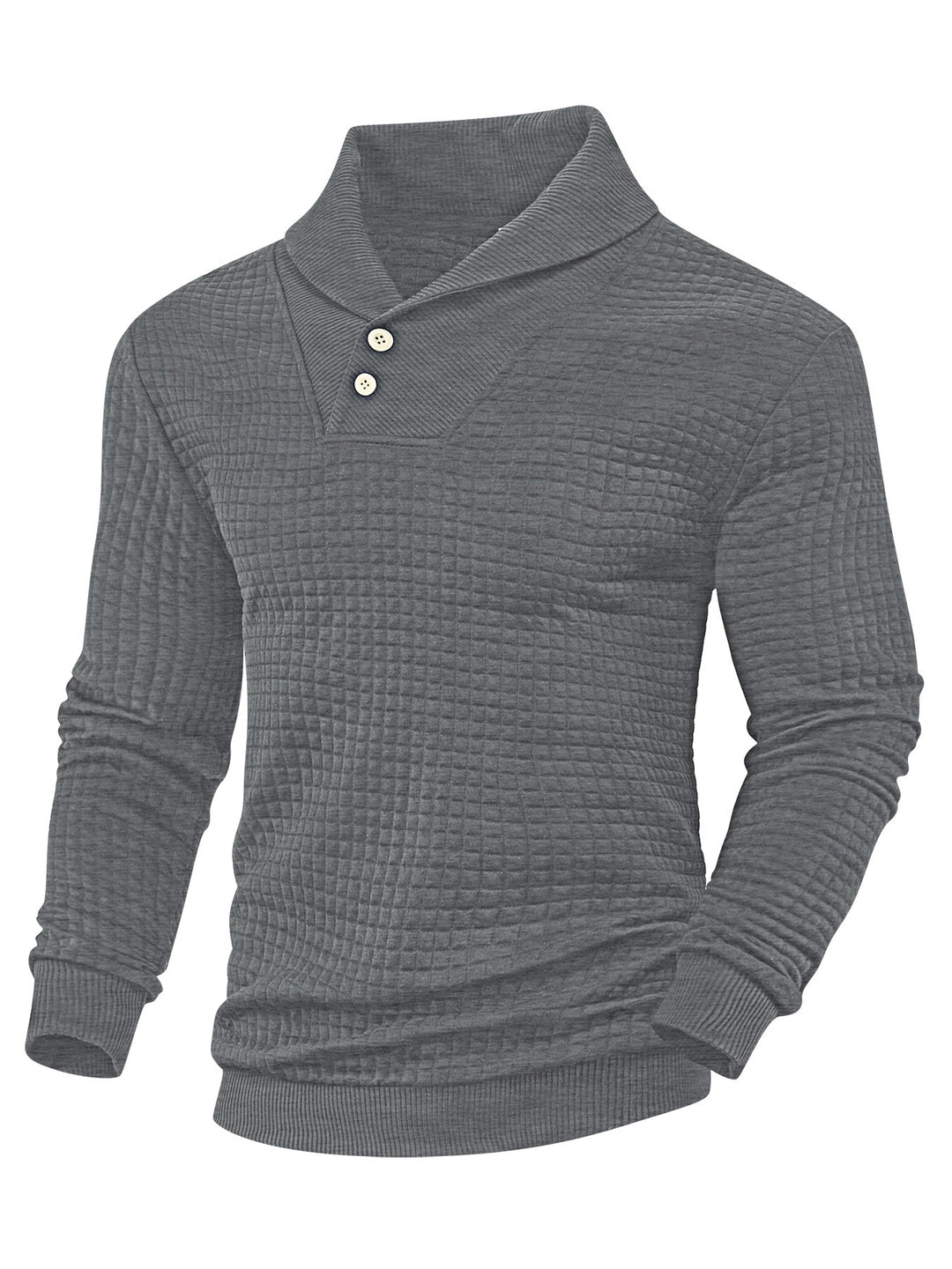 Men's elegant knitted pullover with shawl collar, button placket at neckline and check waffle texture Mune Fashion
