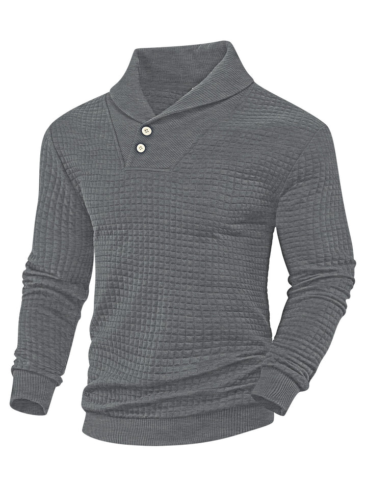 Men's elegant knitted pullover with shawl collar, button placket at neckline and check waffle texture Mune Fashion