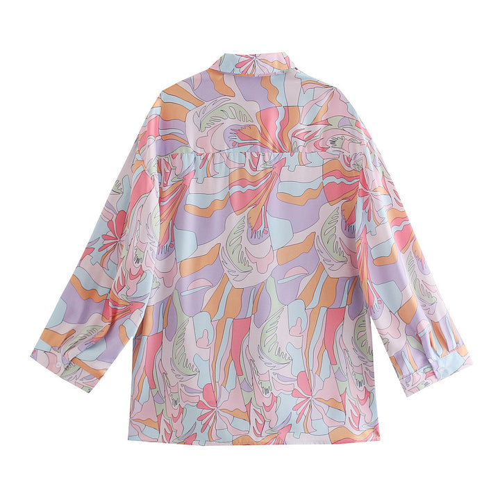 Women Oversize Shirt Blouse with Abstract Allover Print, Lightweight Chiffon Top, Long Sleeves Mune Fashion