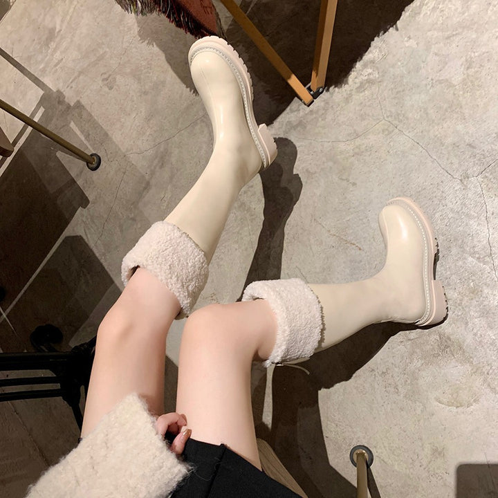 Women Knee-High Boots with Teddy Lining Cuff and Shaped Platform Sole Mune Fashion