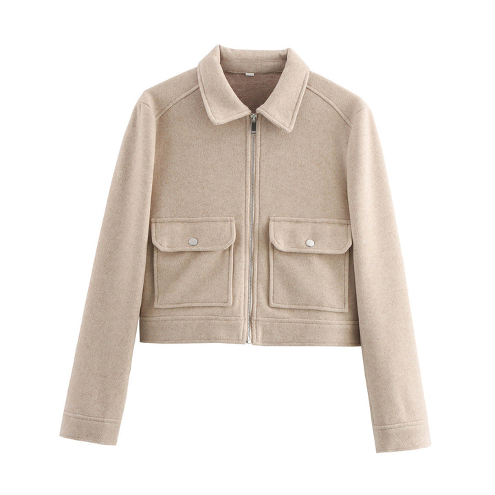 Women short cut wool mix jacket with shirt collar, zipper and patch flap pockets Mune Fashion