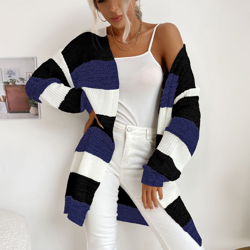 Women's Long Oversized Knit Cardigan with Block Stripes and Open Front Mune Fashion