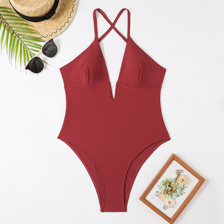 Women's one-piece swimsuit with deep V-neck and trendy feather design Mune Fashion