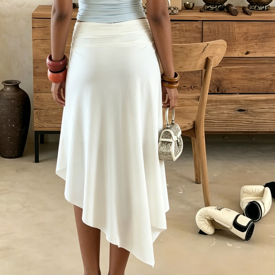 Women Asymmetrical Chiffon Skirt with Ruffled High Waist Band and Floral Brushprint Mune Fashion