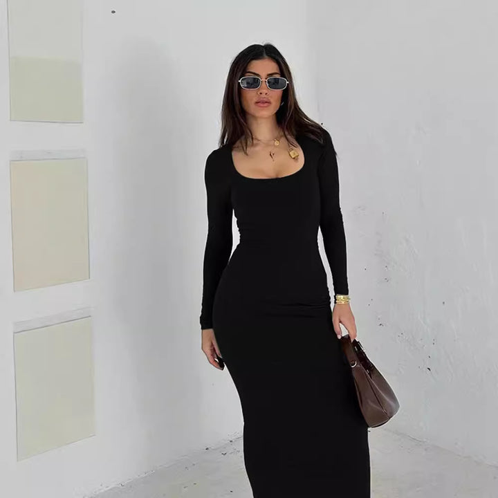 Damen Figurbetontes Stretch-Jerseykleid mit tiefem U-Boot-Ausschnitt und langen Ärmeln Mune Fashion
