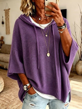 Women's oversized knit poncho with hood and short sleeves Mune Fashion