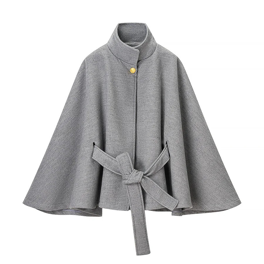 Women tailored wool cape coat with stand-up collar, tie belt, and concealed button placket Mune Fashion