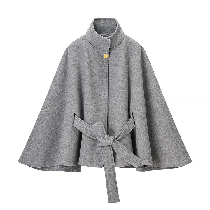 Women tailored wool cape coat with stand-up collar, tie belt, and concealed button placket Mune Fashion