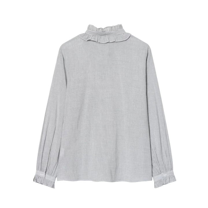 Women's ruffled blouse with high stand-up collar and tie, pleated sleeves and continuous button placket Mune Fashion