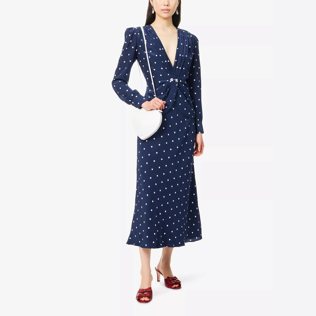 Women's midi dress with polka dot print, deep V-neck, wrap ruching, and long sleeves Drune