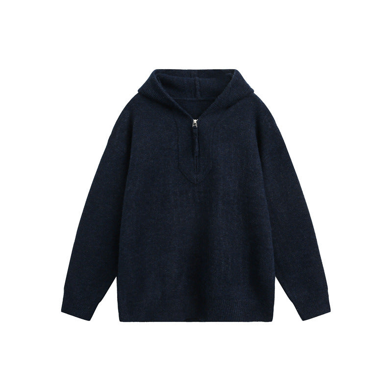 Women's Oversized Knit Sweater with Half Zipper and Hooded Collar Mune Fashion