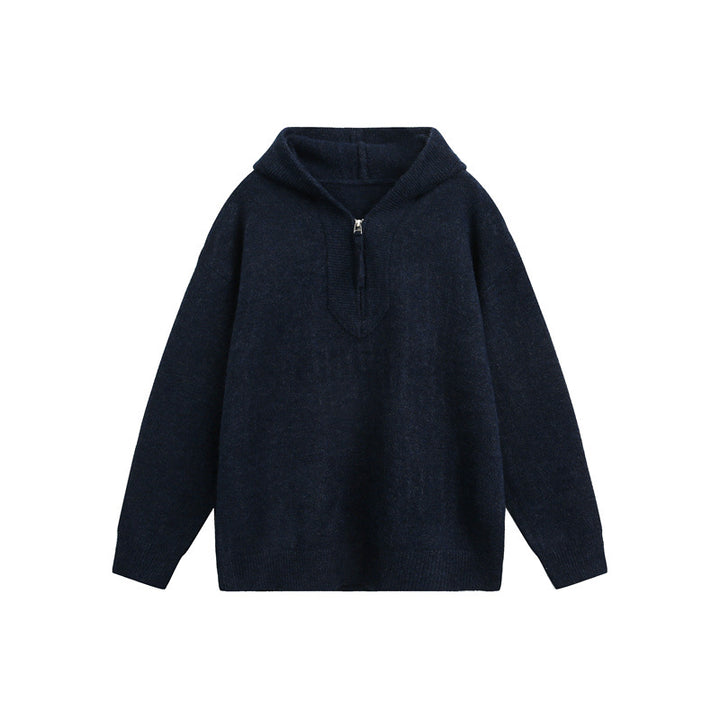 Women's Oversized Knit Sweater with Half Zipper and Hooded Collar Mune Fashion